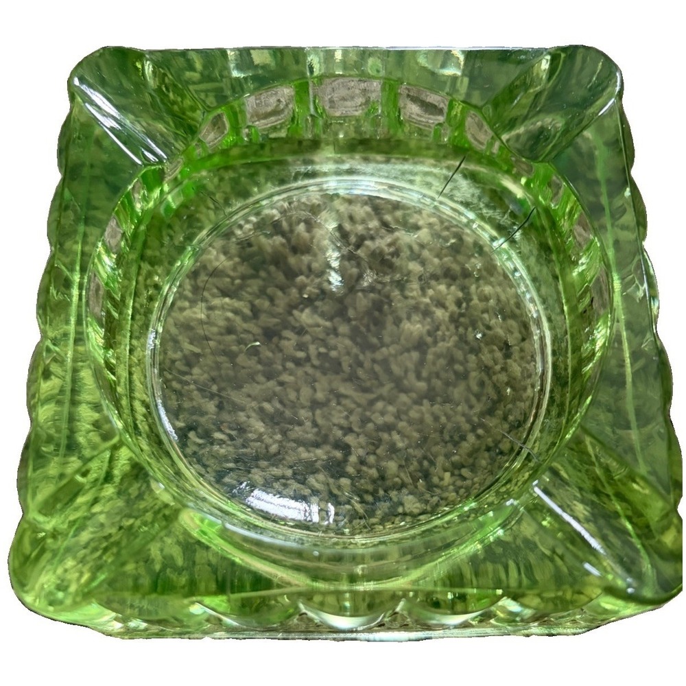 Vtg Uranium Vaseline Glass Square Ashtray UV Rx 4" Depression - Picture 3 of 4